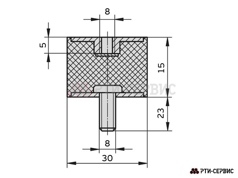 Резинометаллический буфер (аналог K0568.03001555 KIPP) D-30, H-15 с внутренней и наружной резьбой M8 - фото 3